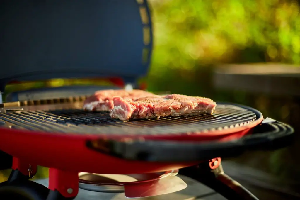 Roasted meat on the gas grill on barbecue grill outdoor in the backyard, grilled steak meat