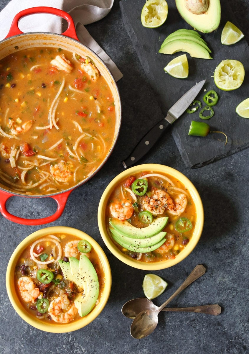 Spicy Jicama Tortilla Soup with Shrimp